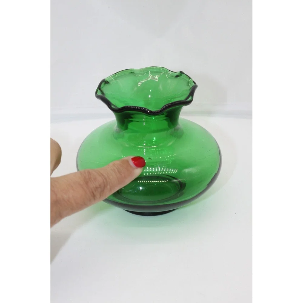 Vtg Collectible MCM Anchor Hocking Forest Green Glass Squat Bud Vase 3.5